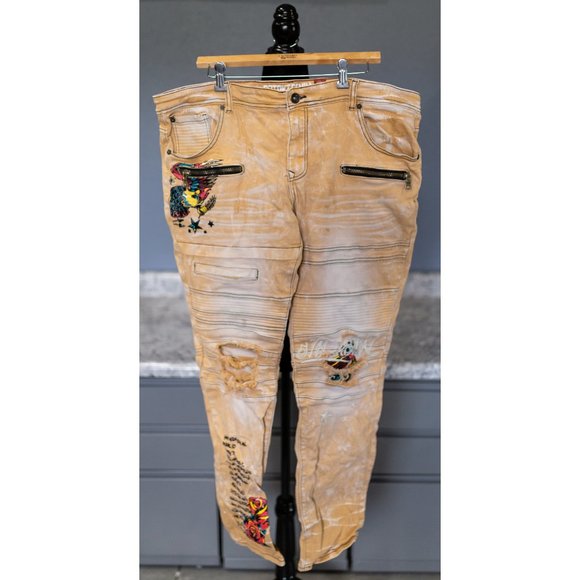 8IGHTH DSTRKT Graphic Tan Moto Jeans 40X34 - Picture 2 of 8